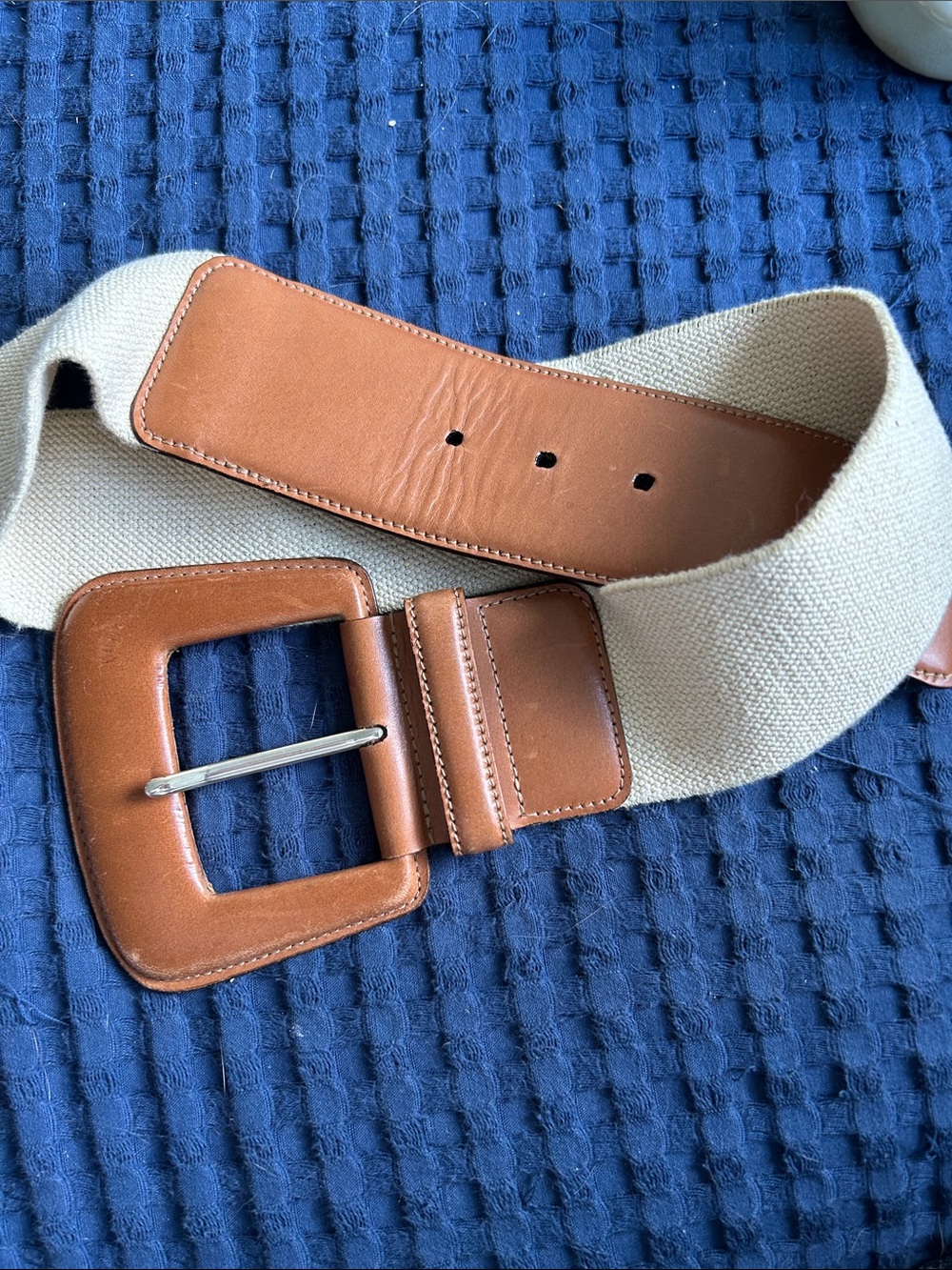 Women’s Tan Leather & Cream Canvas Belt - Classic Casual Style